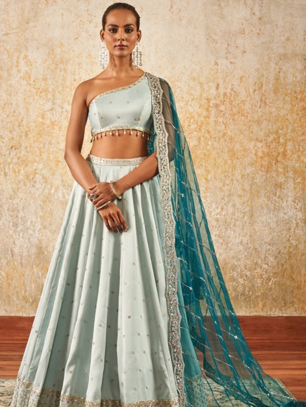 One-Shoulder Pale Mint Green Lehenga Dress with Teal Dupatta
